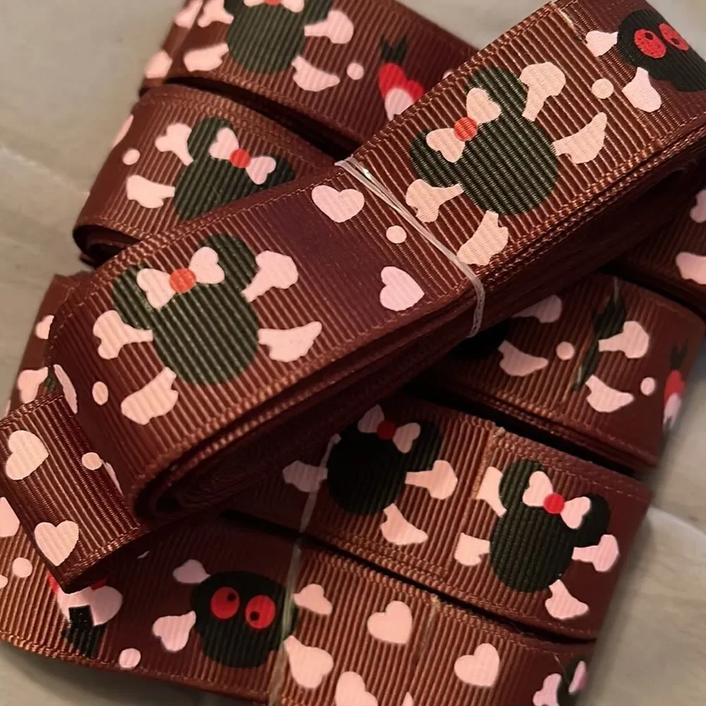 Grosgrain printed Ribbon 7/8” NEW 5 yards Minnie Mouse brown skull Jolly Roger